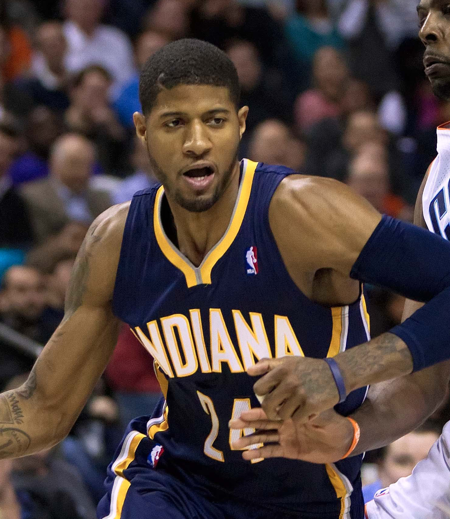 Paul George in an Indiana Pacers uniform during the 2013-14 season.