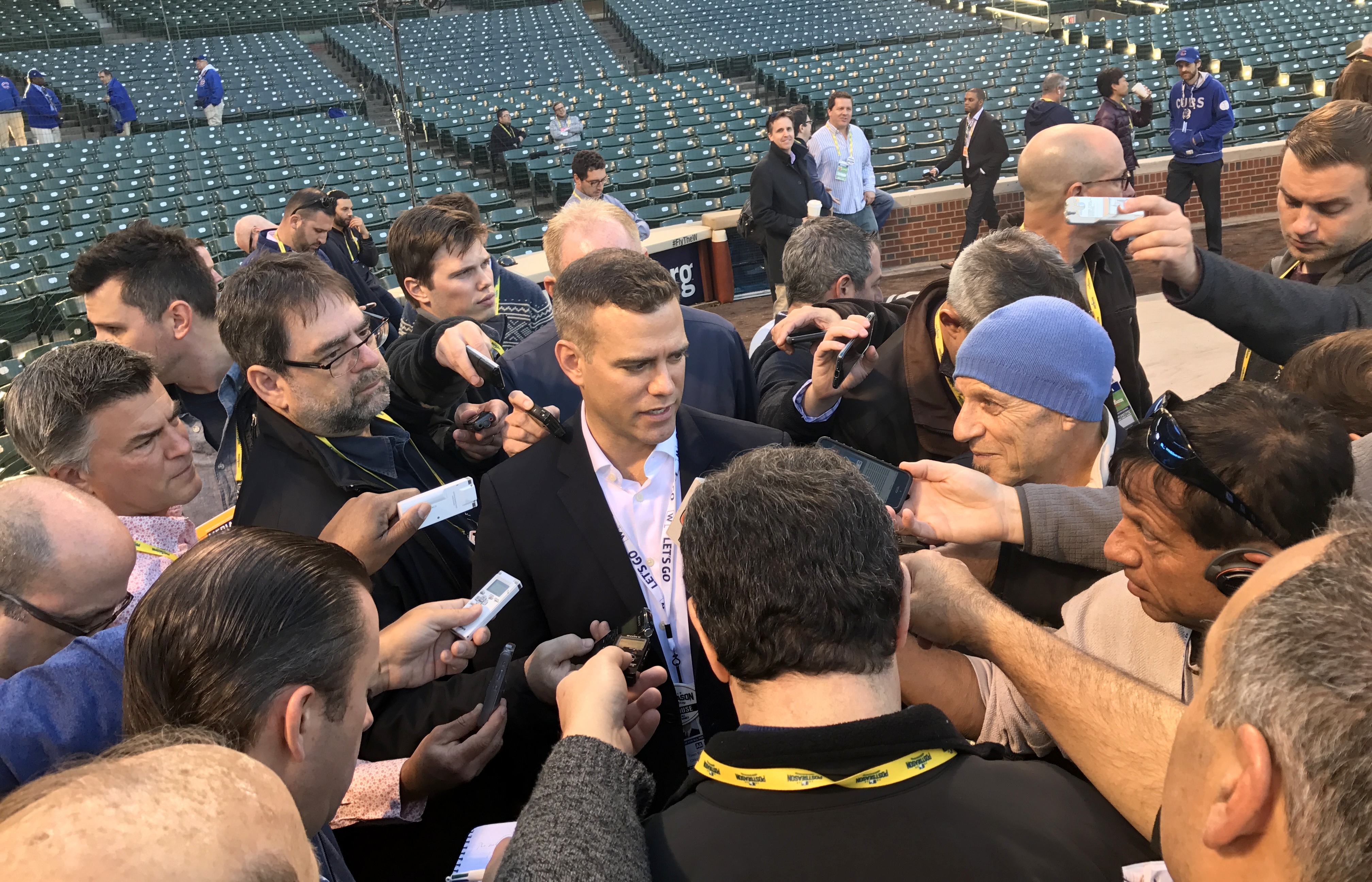 Theo Epstein speaking to reporters at Wrigley Field in 2016.